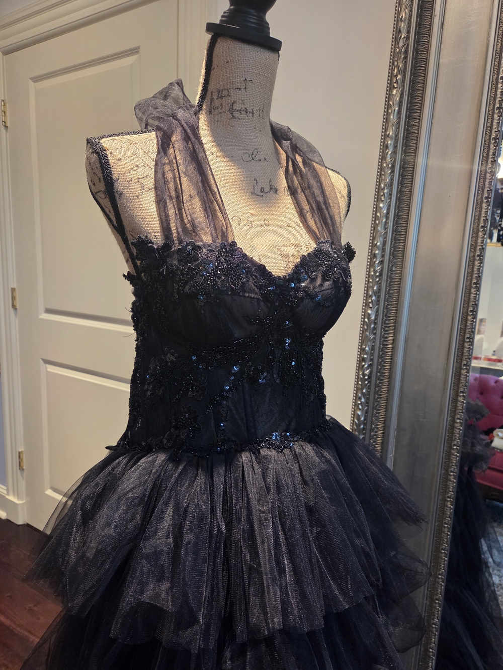 Black Tiered Tulle Evening Gown M - Picture 2 of 8